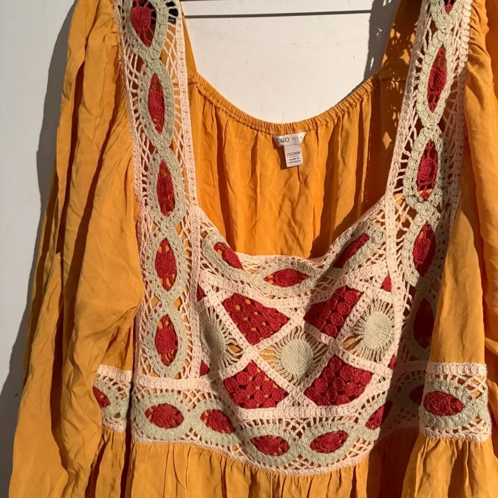 Cato 22 24 Mustard Yellow Boho Dress Crochet Bodice Peasant Festival Cottagecore - Picture 3 of 5
